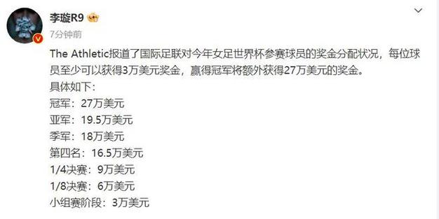 女足世界杯出线奖金排名?女足世界杯奖金是多少 女足世界杯出线奖金排名?女足世界杯奖金是多少