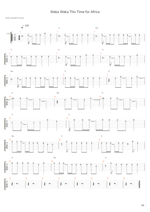 世界杯主题曲吉他？谁能给我世界杯主题曲waka waka ·的吉他谱·